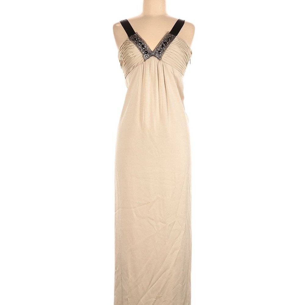 BCBGMAXAZRIA Sleeveless V-Neck Boho Gown Tan Black Glitter Sz 4 #474